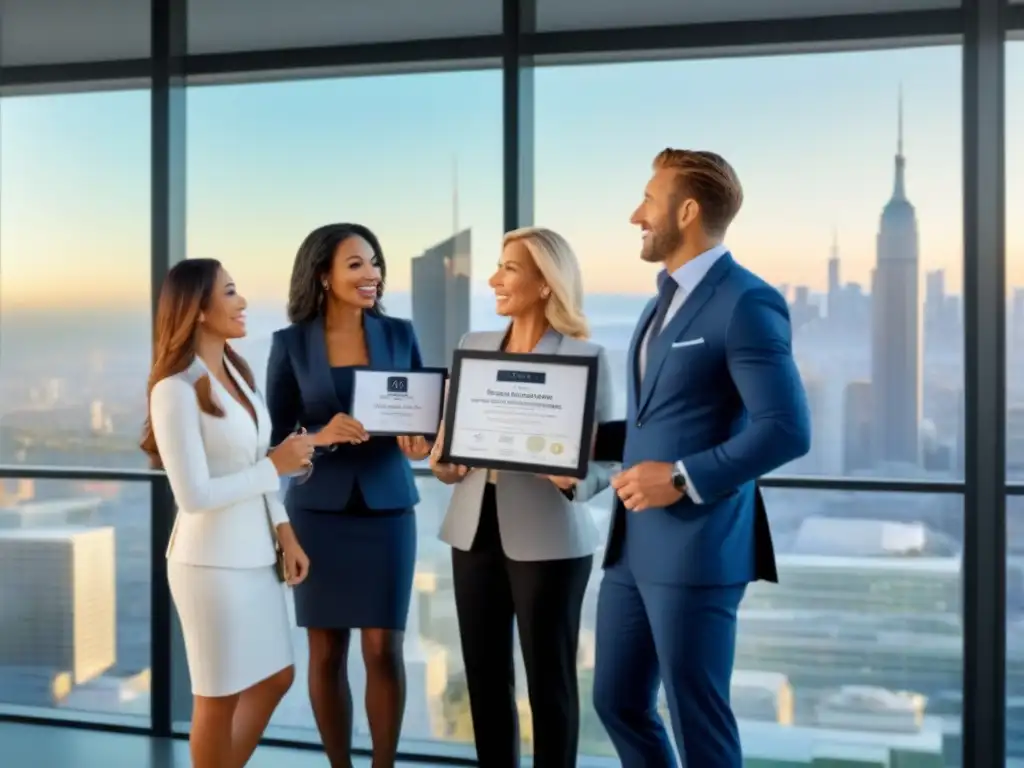 Equipo de agentes inmobiliarios profesionales en debate Grupo diverso de agentes inmobiliarios con certificaciones bienes raíces en auge, en animada discusión en moderna oficina