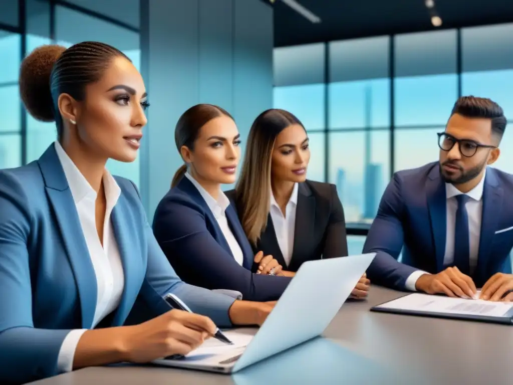 Grupo diverso de agentes inmobiliarios discutiendo estrategias de inversión en oficina moderna