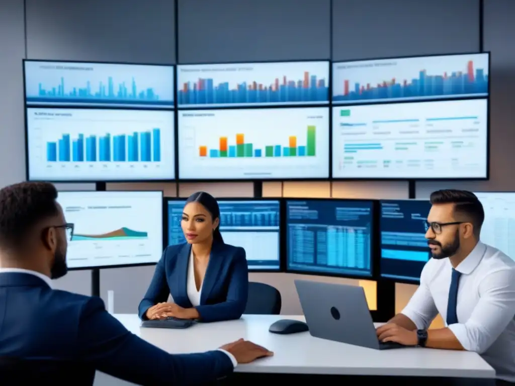 Analistas financieros analizan tendencias de mercado en oficina moderna Un grupo diverso de analistas financieros discute intensamente las tendencias de inversiones a corto plazo en una oficina moderna