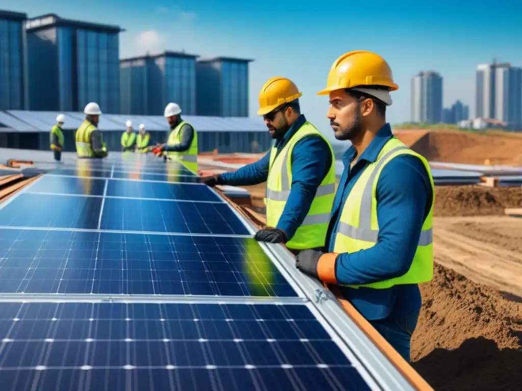 Construcción sostenible: armonía entre naturaleza y trabajo seguro Grupo diverso de arquitectos y ingenieros en una obra de construcción sostenible, usando materiales ecofriendly bajo un cielo azul