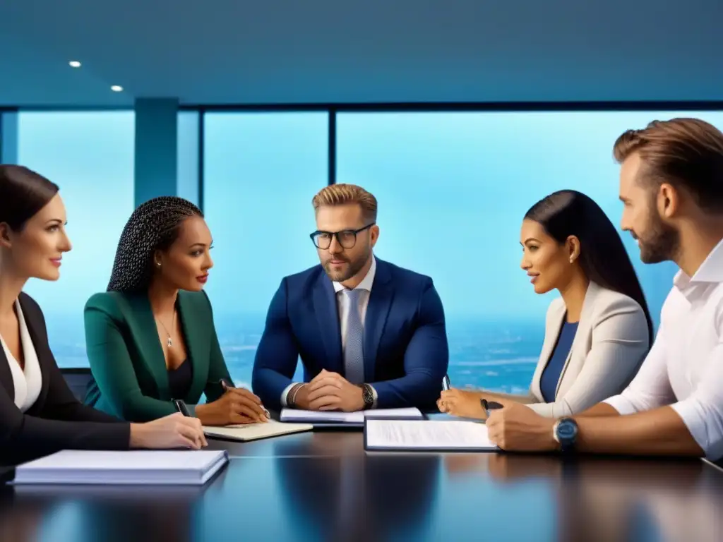 Profesionales financieros colaborando en oficina moderna Un grupo diverso de asesores financieros y corredores hipotecarios profesionales discuten documentos y gráficos en una oficina moderna y luminosa
