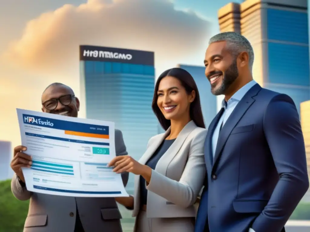 Grupo diverso celebra aprobación de préstamo FHA en edificio futurista Un grupo diverso sonríe frente a un banco futurista con documentos de 'Préstamo FHA' y puntajes de crédito
