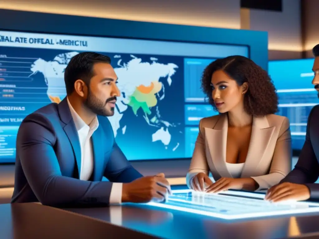 Grupo diverso en banco moderno comparando préstamos inmobiliarios América, rodeados de tecnología futurista y términos holográficos en español