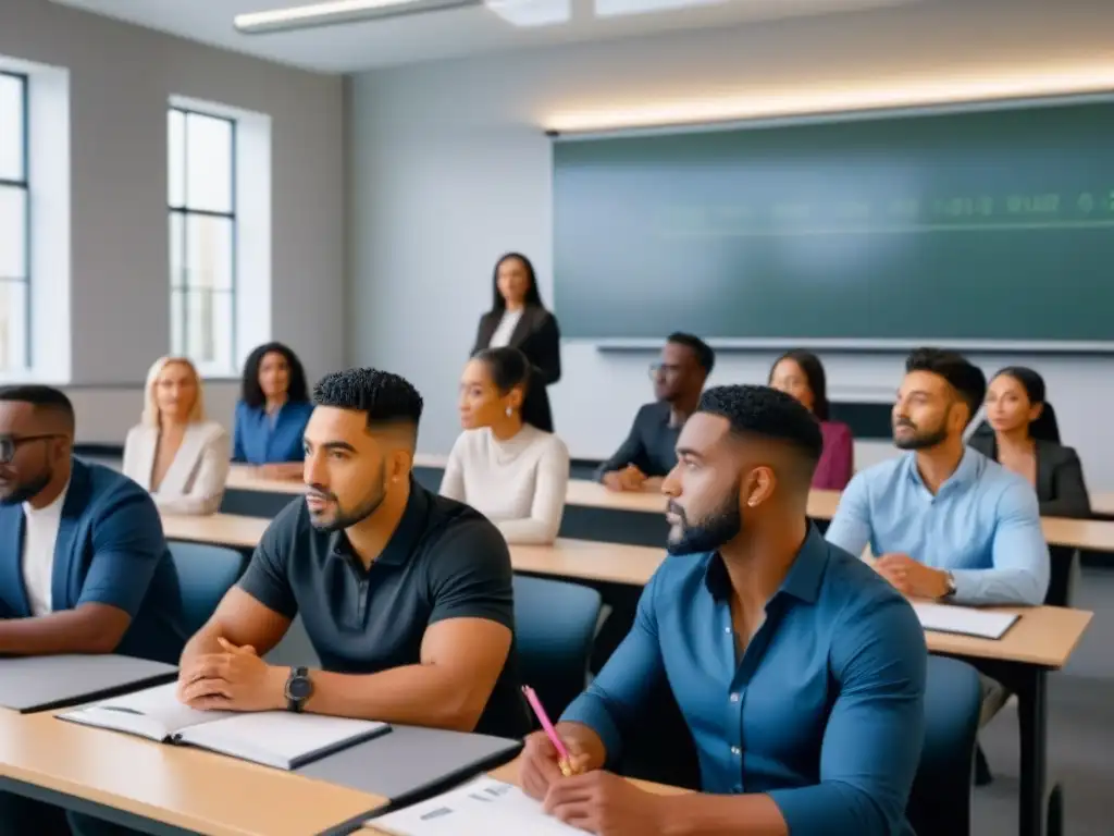 Clase financiera: diversidad y profesionalismo en acción Grupo diverso en clase moderna con educador financiero, destacan gráficos y tecnología avanzada