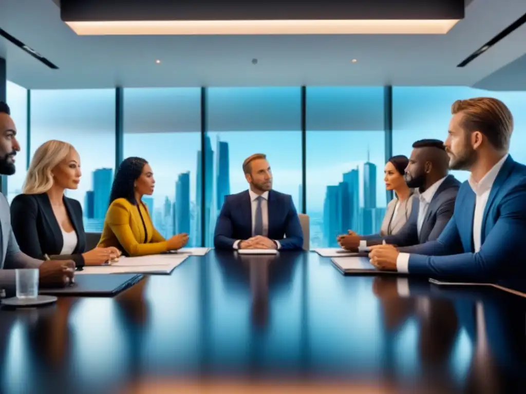 Reunión de inversores inmobiliarios: diversidad y estrategias futuristas Un grupo diverso y colaborativo discute estrategias de inversión inmobiliaria en un moderno entorno