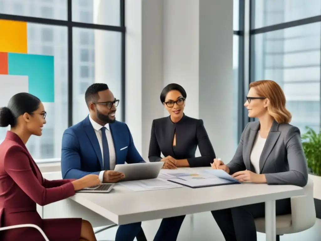 Expertos en hipotecas: guía inclusiva y moderna Un grupo diverso y colaborativo discute términos hipotecarios en una oficina moderna