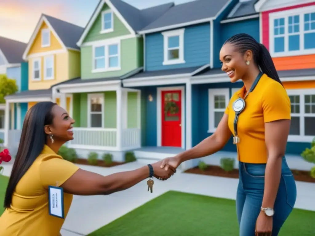 Un grupo diverso de compradores de vivienda recibe llaves de sus casas nuevas de un oficial gubernamental, en un vecindario colorido y acogedor