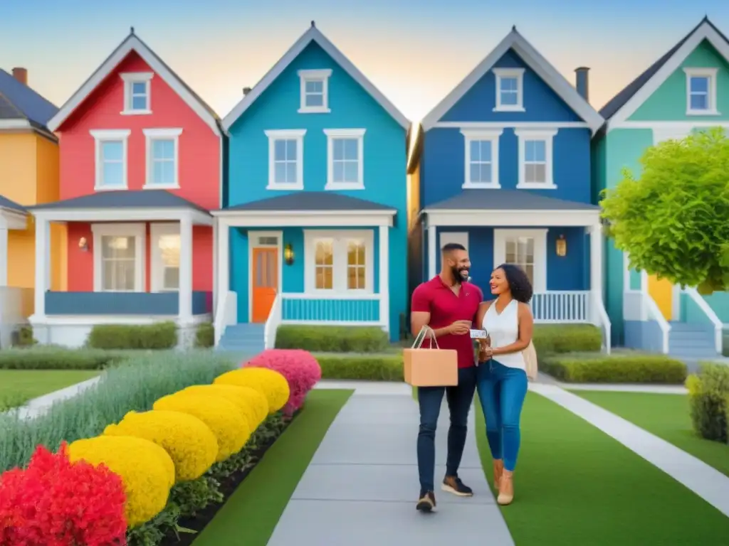 Entrega de llaves a primeros compradores de vivienda felizmente diverso Grupo diverso de compradores de vivienda recibe llaves con alegría en vecindario colorido
