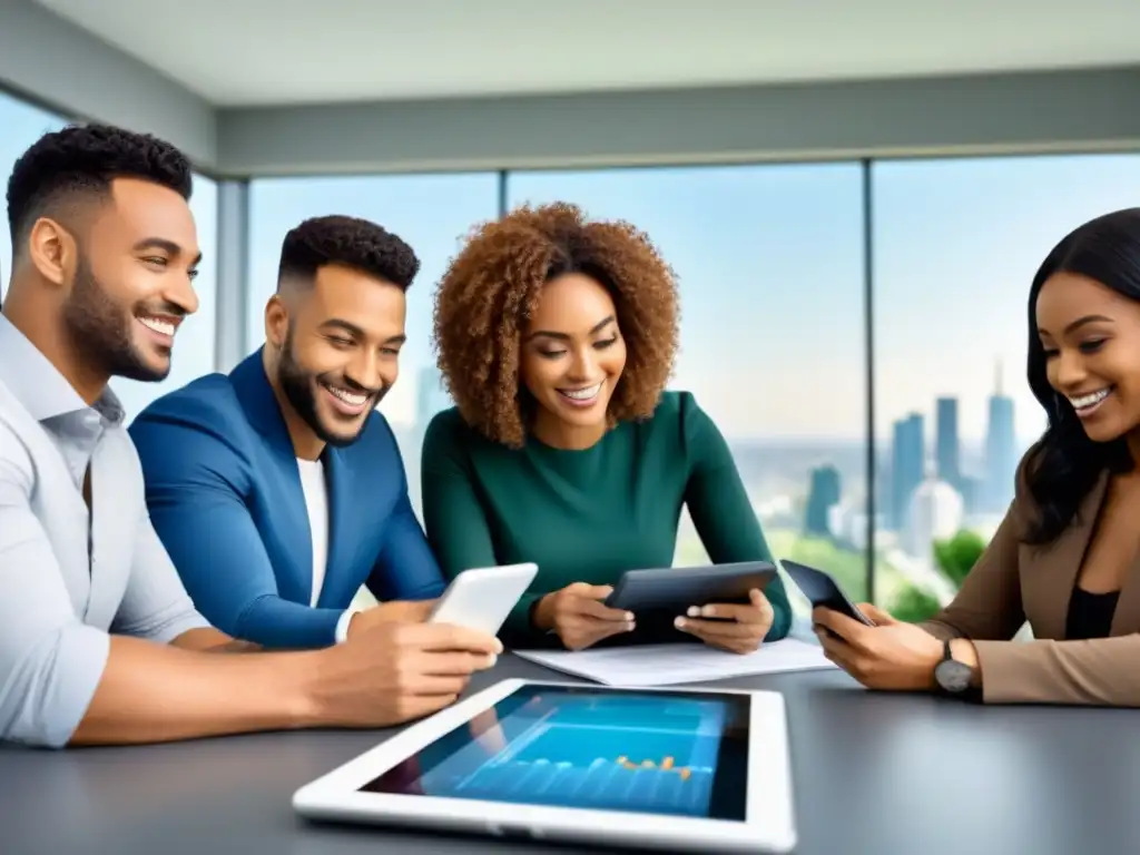 Jóvenes planeando inversiones inmobiliarias en la ciudad Un grupo diverso de jóvenes sonríe y planea compras inmobiliarias alrededor de una mesa con documentos financieros y planos de casas