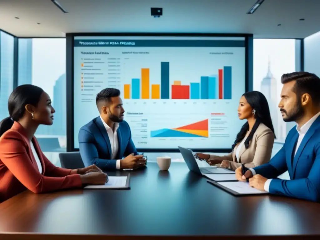 Equipo diverso planifica consolidación de deuda Un grupo diverso colabora y planifica estratégicamente la consolidación de deudas inmobiliarias en tiempos de crisis
