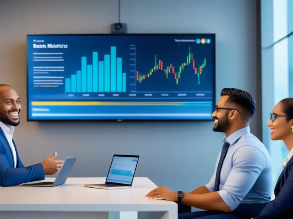 Conversaciones financieras inclusivas en banco moderno Un grupo diverso debate inversiones inmobiliarias en un entorno bancario moderno y inclusivo