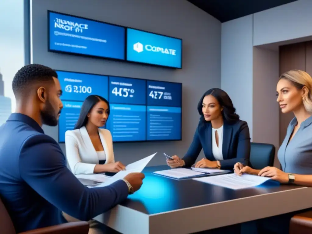 Comparando deducibles de seguros: escena futurista en oficina Grupo diverso elige deducibles seguros propiedad inmobiliaria en moderna oficina de seguros futurista