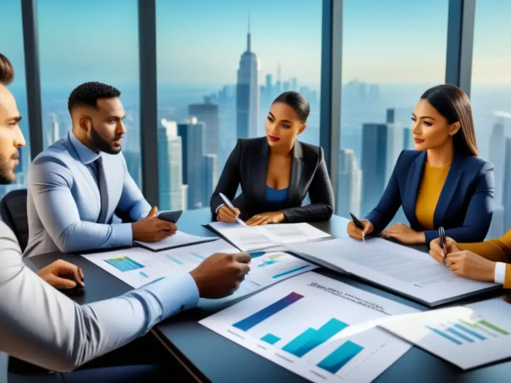 Reunión de expertos analizando financiamiento inmobiliario Grupo diverso analiza documentos financieros inmobiliarios en oficina moderna
