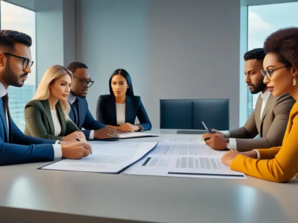 Equipo diverso analiza documentos financieros en mesa moderna Un grupo diverso estudia documentos financieros en mesa moderna