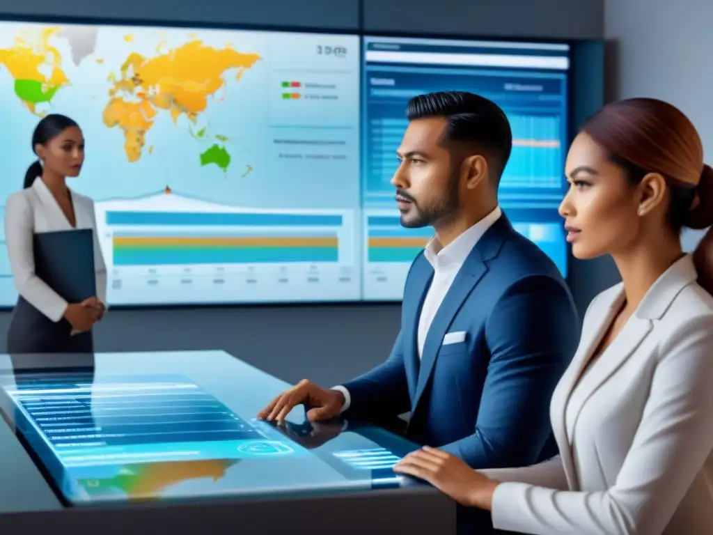 Grupo diverso analizando documentos financieros en holograma futurista, destacando la importancia del historial crediticio en créditos inmobiliarios