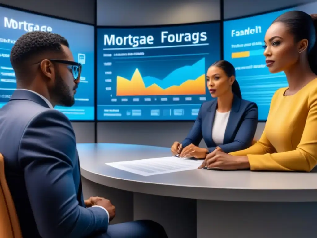 Revisión experta de hipotecas en banco futurista Un grupo diverso revisa documentos hipotecarios en un banco futurista, evitando errores comunes préstamo hipotecario evitables