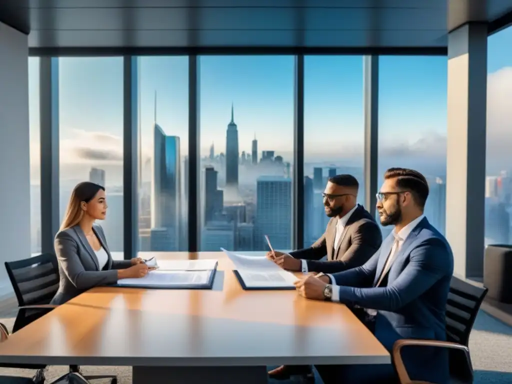 Revisión legal: diversidad en la oficina Un grupo diverso revisa documentos legales en una oficina moderna