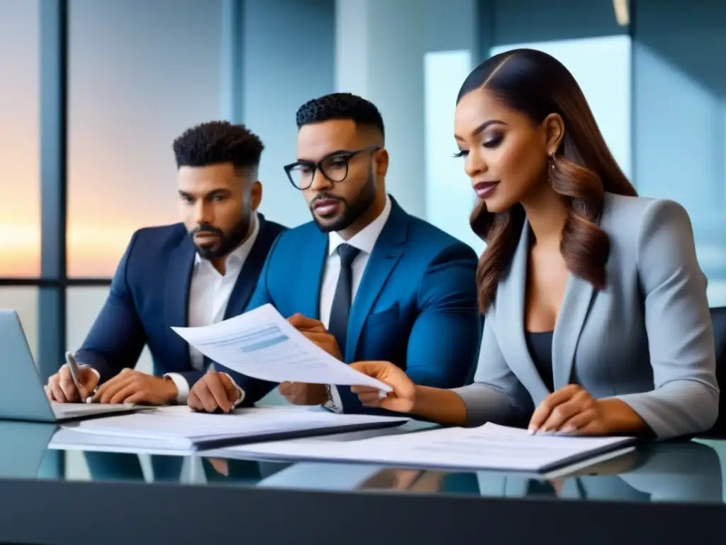 Equipo profesional revisando documentos para préstamo hipotecario Un grupo diverso revisa documentos en una oficina elegante