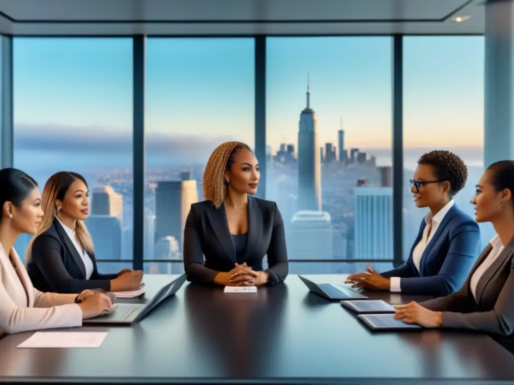Mujeres emprendedoras debatiendo estrategias financieras en aula moderna Un grupo diverso de emprendedoras discute estrategias inmobiliarias en una sala moderna con gráficos, simbolizando empoderamiento y colaboración