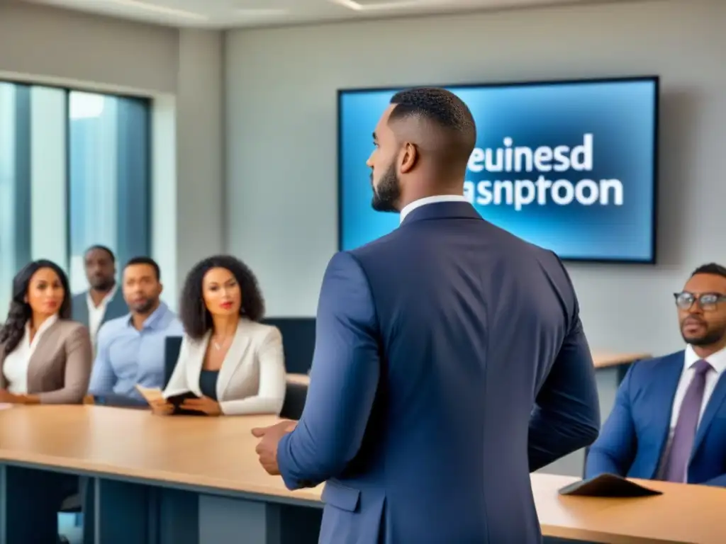 Emprendedores atentos aprenden sobre financiamiento inmobiliario Grupo diverso de emprendedores atentos en aula moderna