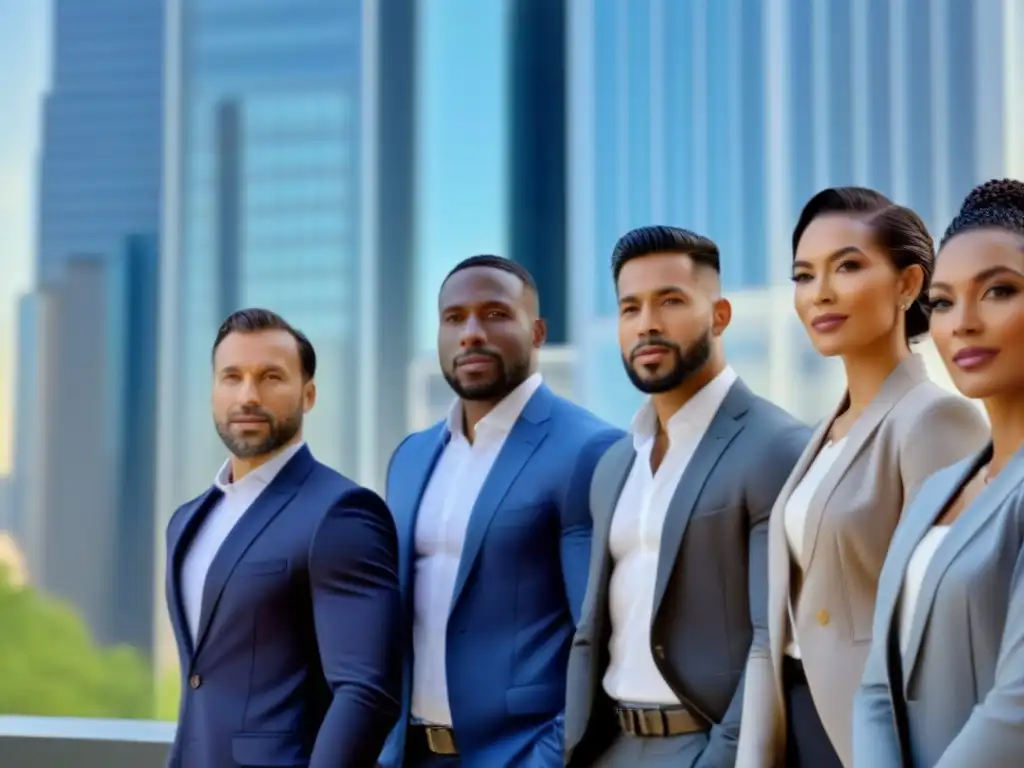 Emprendedores exitosos con certificaciones inmobiliarias frente a edificio moderno en la ciudad Grupo diverso de emprendedores con certificaciones bienes raíces, frente a edificio moderno en la ciudad