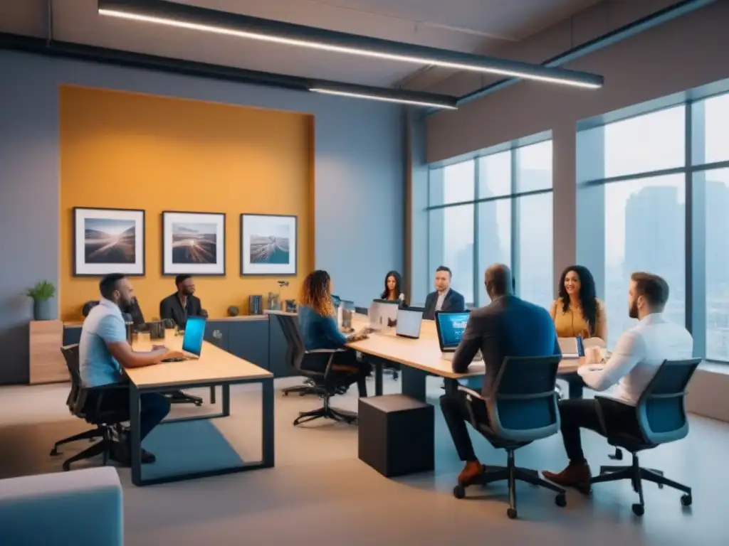 Colaboración innovadora en coworking: Emprendedores y ONG en acción Un grupo diverso de emprendedores colabora en un espacio de coworking, rodeados de tecnología y planos arquitectónicos, con representantes de organizaciones sin fines de lucro
