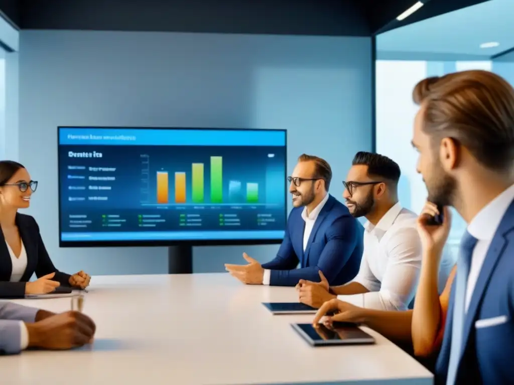 Emprendedores inmobiliarios debatiendo estrategias en oficina moderna Un grupo diverso de emprendedores inmobiliarios discutiendo estrategias en una oficina moderna y elegante