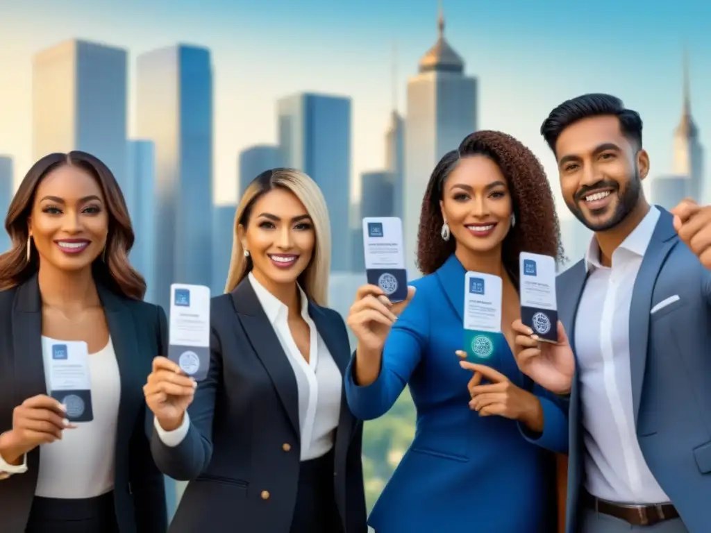 Emprendedores diversificados con insignias de certificación inmobiliaria Un grupo diverso de emprendedores sostiene orgullosos sus certificaciones bienes raíces en una ilustración moderna y detallada