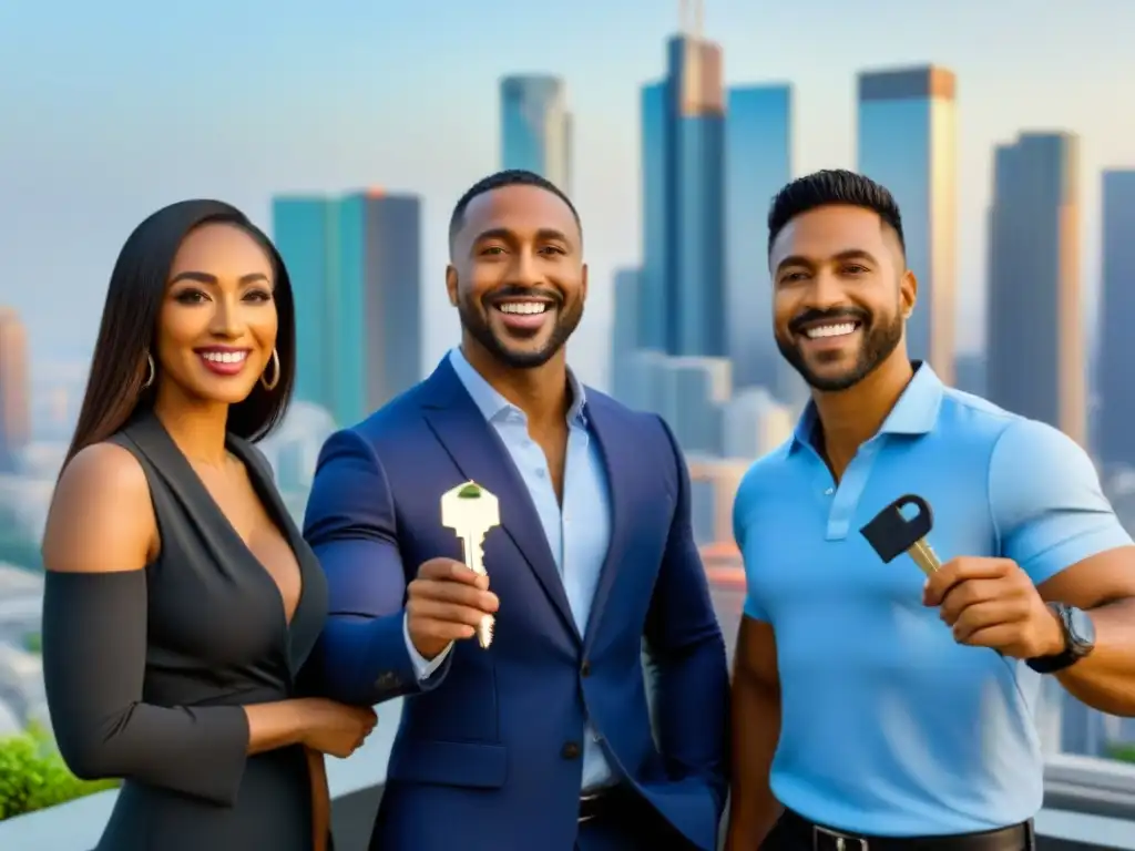 Éxito en inversión inmobiliaria: diversidad y unión en la ciudad Un grupo diverso celebra el éxito financiamiento inmobiliario minorías ante la ciudad moderna