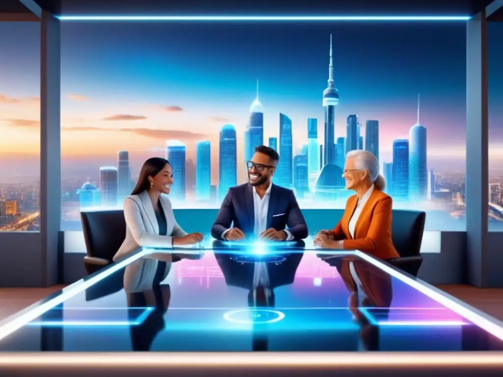 Un grupo diverso disfruta de éxito financiero con hipotecas basadas en ingresos futuros en un entorno tecnológico y futurista