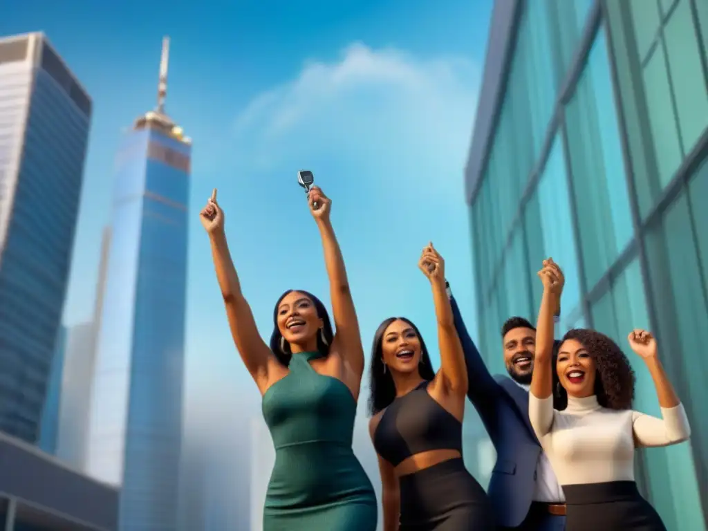 Triunfo financiero: Latina lidera celebración diversa en edificio moderno Un grupo diverso celebra el éxito financiero frente a un edificio moderno