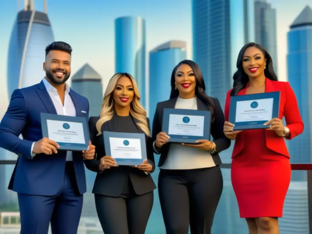 Profesionales inmobiliarios exitosos frente a la ciudad: inclusión y éxito Un grupo diverso y exitoso de profesionales inmobiliarios muestra orgullosamente sus certificaciones frente a un impresionante horizonte urbano