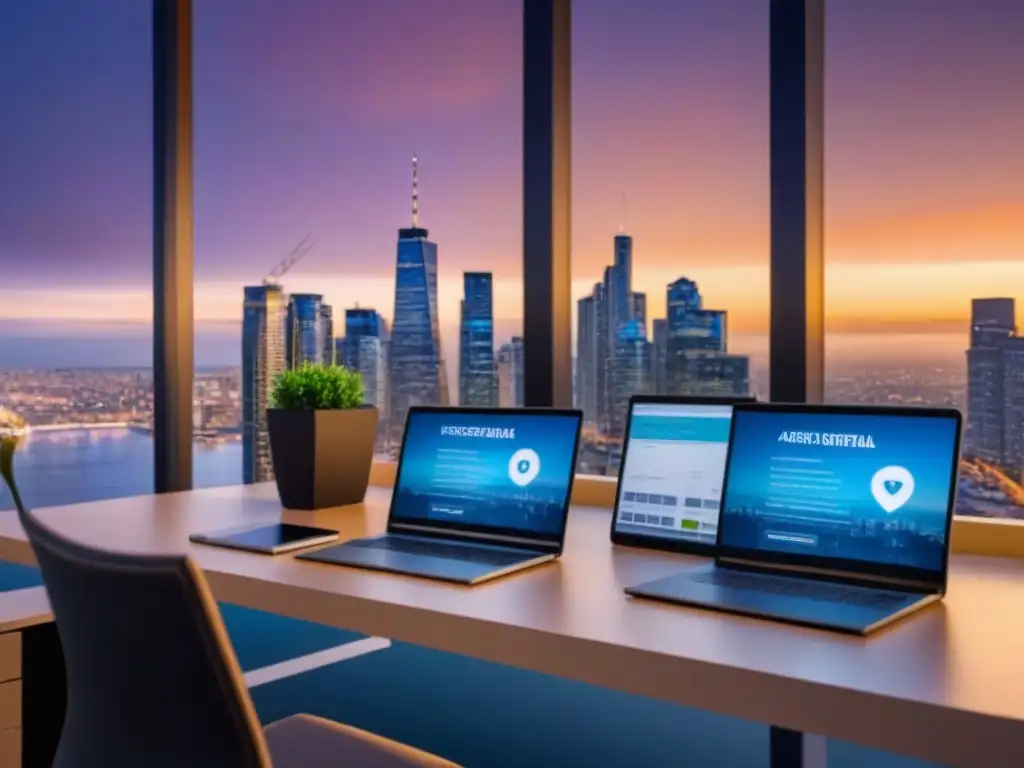 Profesionales del seguro inmobiliario: éxito y crecimiento Un grupo diverso de exitosos afiliados en seguros de propiedad, inmersos en su trabajo con gráficos y tablas, en una oficina moderna con vista a la ciudad al anochecer