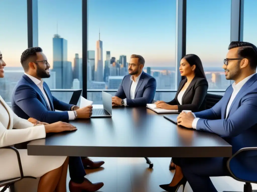 Inversionistas inmigrantes triunfadores en mesa de negocios Un grupo diverso de exitosos inversionistas inmobiliarios inmigrantes reunidos en una elegante sala de juntas, planificando estratégicamente
