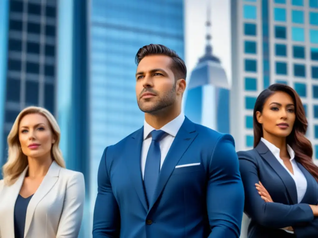 Equipo de expertos en bienes raíces frente a rascacielos moderno Un grupo diverso de exitosos profesionales inmobiliarios frente a un rascacielos moderno, transmitiendo competencia y éxito