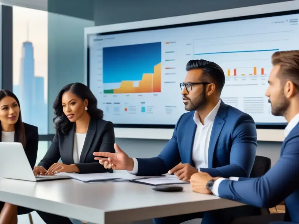 Expertos financieros analizan tendencias inmobiliarias Un grupo diverso de expertos financieros colabora en estrategias de gestión de créditos inmobiliarios en una oficina moderna