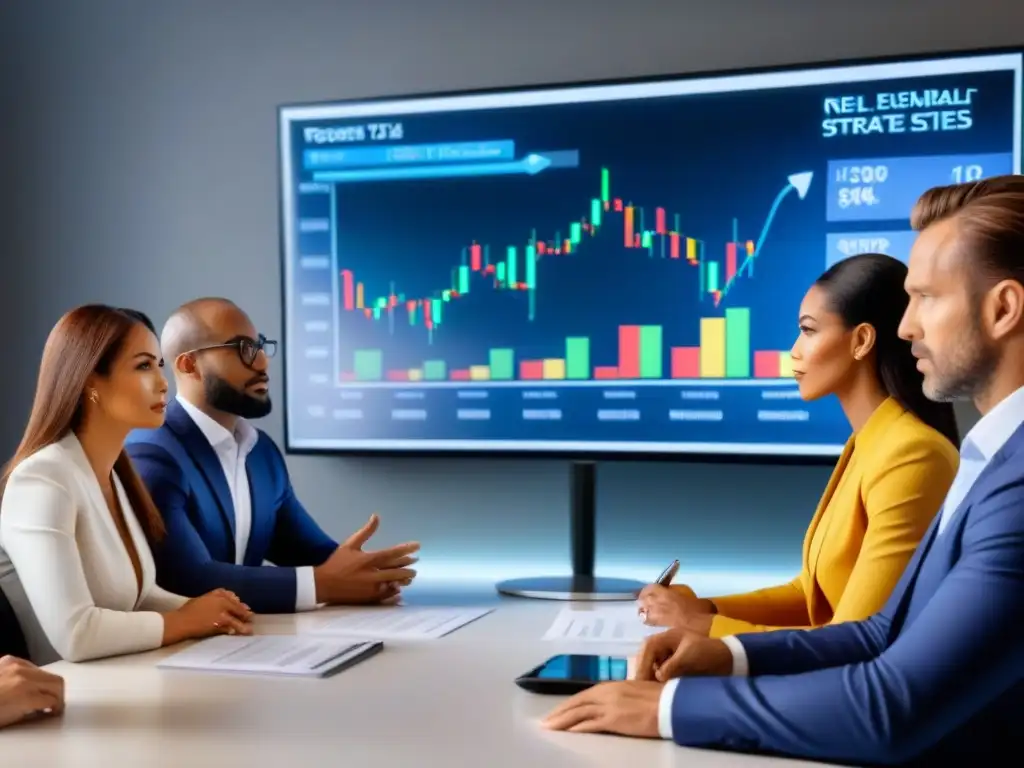 Expertos financieros debaten estrategias inmobiliarias en crisis Un grupo diverso de expertos financieros en una sala de juntas moderna discutiendo estrategias de inversión inmobiliaria durante una recesión