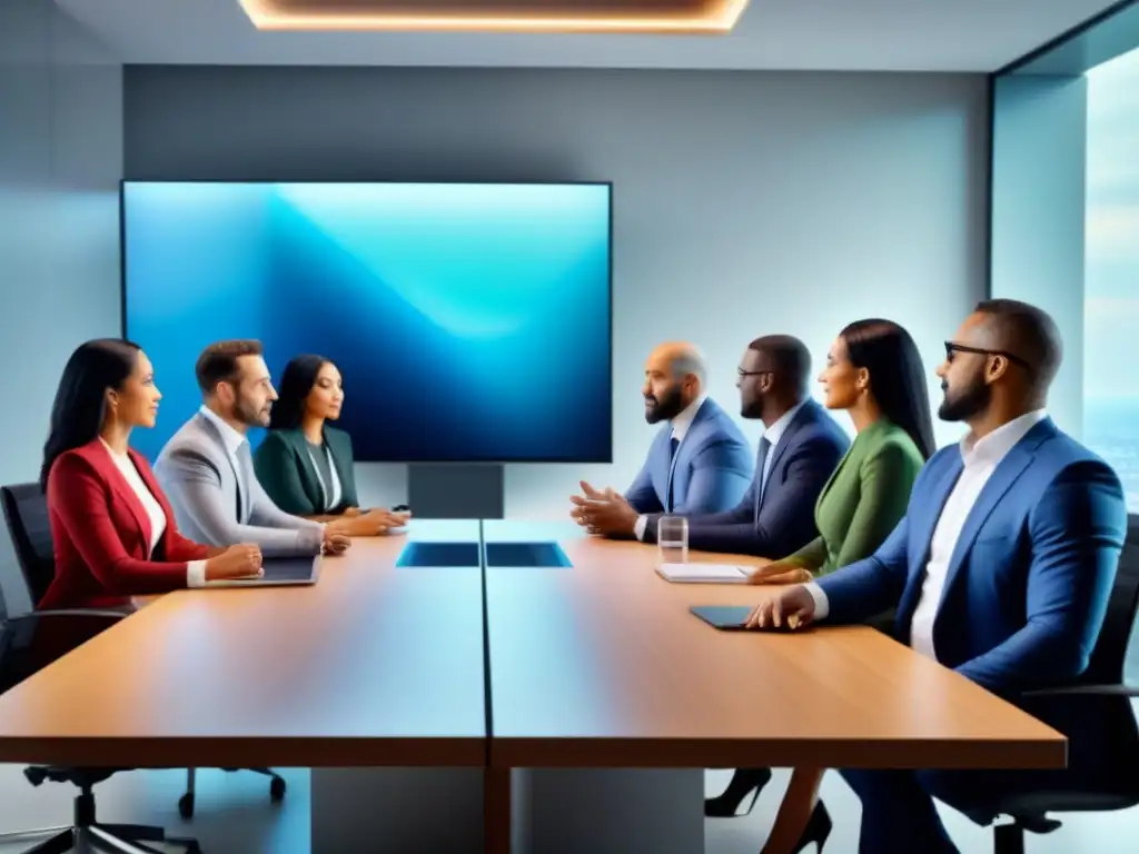 Expertos financieros en mesa futurista debatiendo estrategias Un grupo diverso de expertos financieros se reúne en una moderna sala de juntas, transmitiendo profesionalismo y colaboración