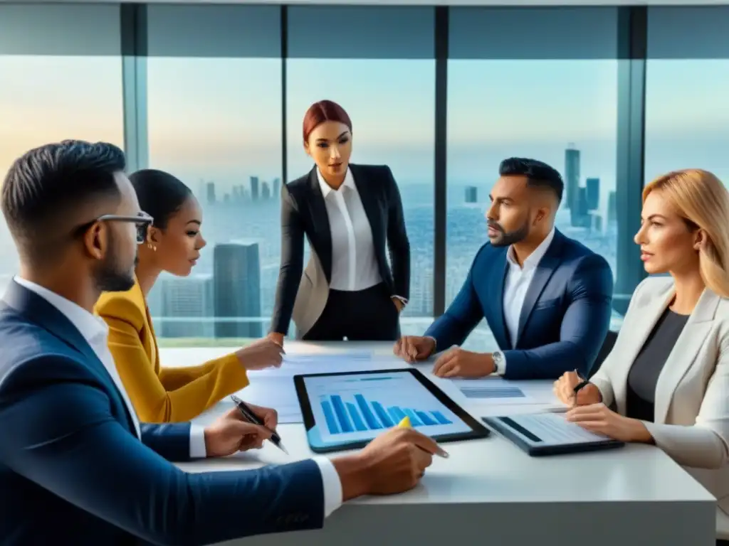 Expertos financieros analizan hipotecas en oficina ultramoderna Un grupo diverso de expertos financieros analiza documentos y estrategias de mitigación de riesgos en una oficina ultramoderna