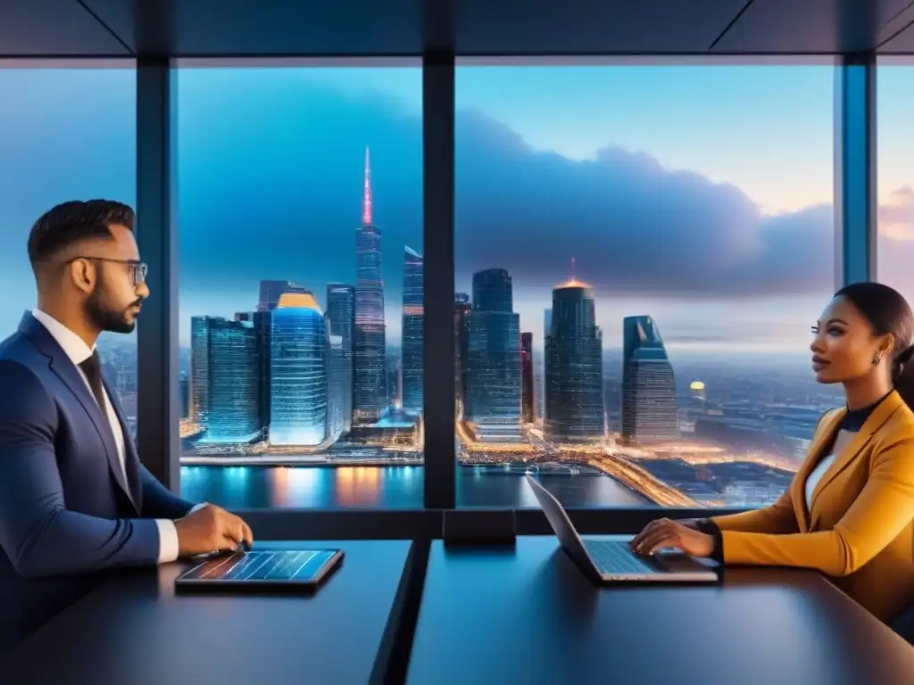 Expertos financieros analizan mercado inmobiliario en interfaz digital futurista Un grupo diverso de expertos financieros analiza tendencias del mercado inmobiliario en una interfaz digital futurista, rodeados de tecnología innovadora en una oficina moderna, con vistas a la ciudad