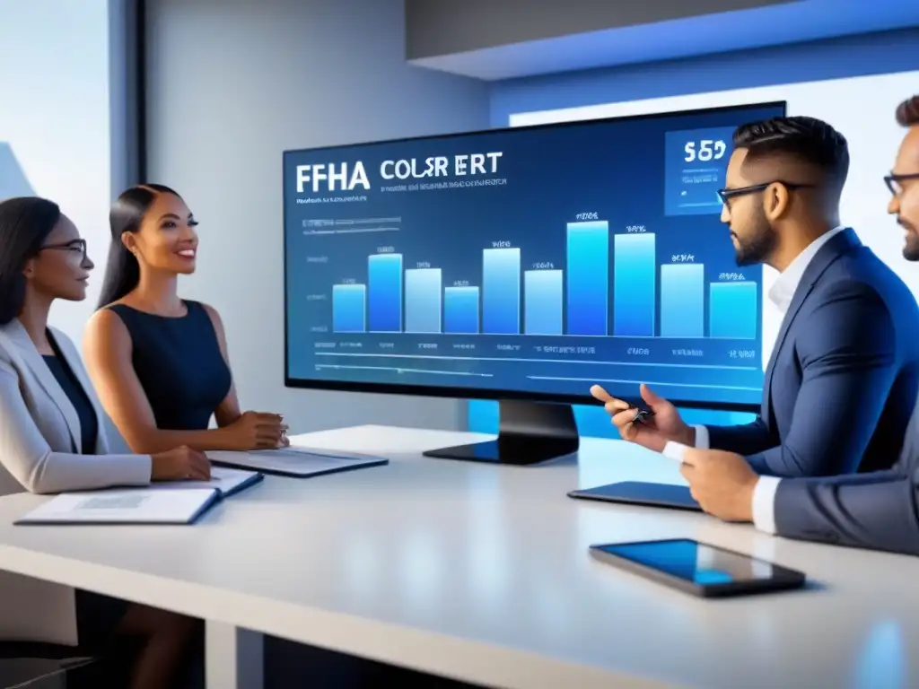Expertos financieros analizan gráficos de préstamos FHA Un grupo diverso de expertos financieros discuten consejos Préstamo FHA expertos alrededor de una infografía futurista