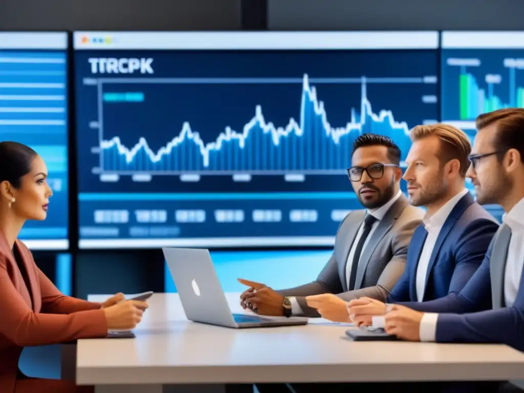 Expertos financieros colaborando en sesión estratégica Un grupo diverso de expertos financieros analiza datos del mercado para ajustar tasas de préstamo