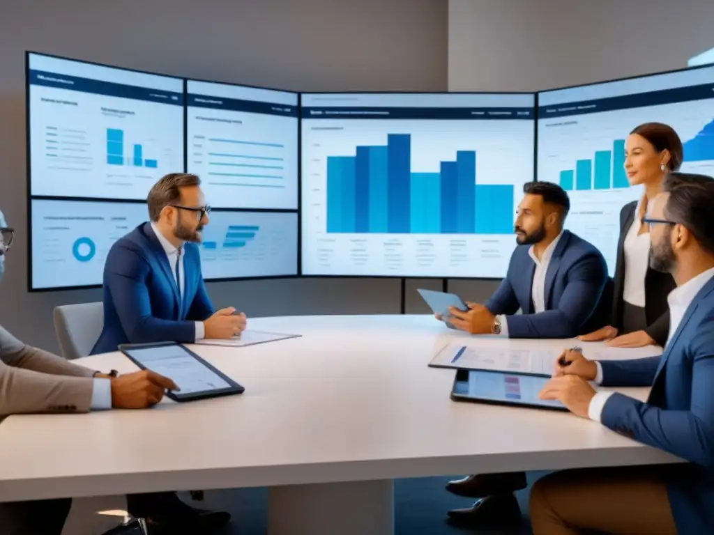 Expertos inmobiliarios resolviendo bajos avalúos con gráficos Un grupo diverso de expertos inmobiliarios e inversores colaboran con estrategias para tasaciones inmobiliarias en una sala moderna y profesional