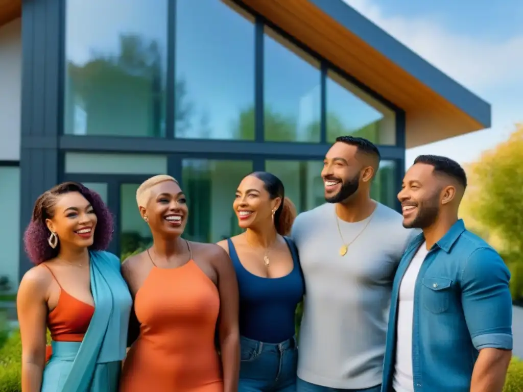 Logros LGBTQ+: Diversidad feliz en casa moderna Grupo diverso LGBTQ+ feliz en casa moderna, éxito en financiamiento inmobiliario para LGBTQ+