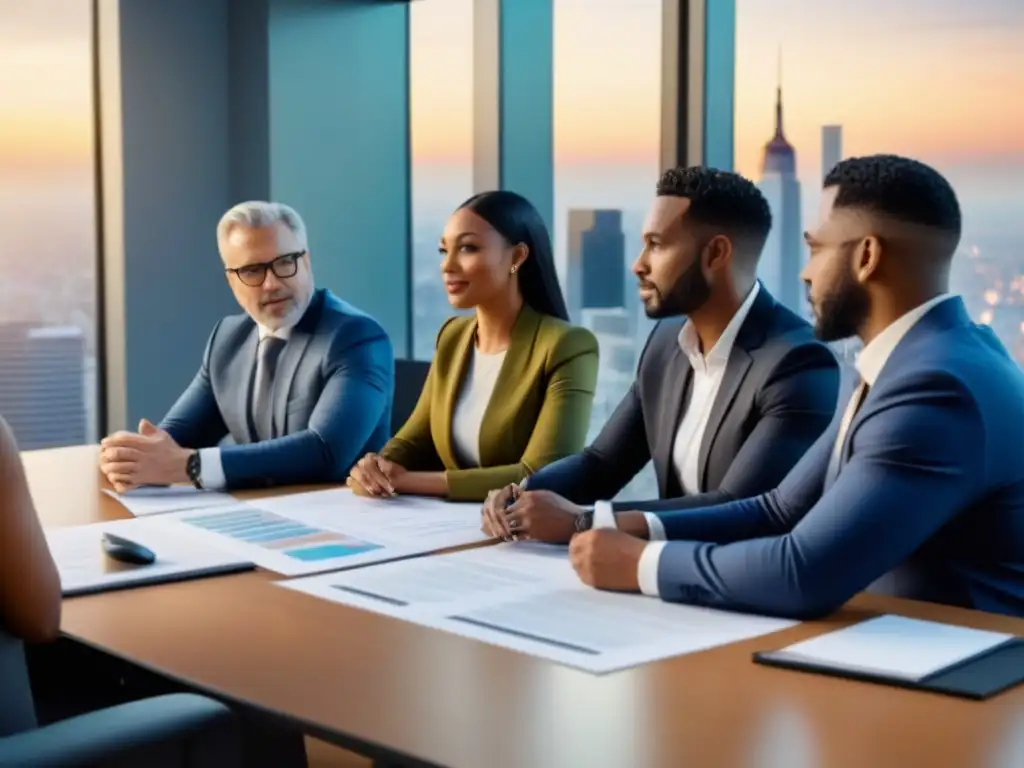 Reunión profesional: diversidad en negocios inmobiliarios Grupo diverso discutiendo financiamiento inmobiliario para minorías en oficina moderna con vista a la ciudad