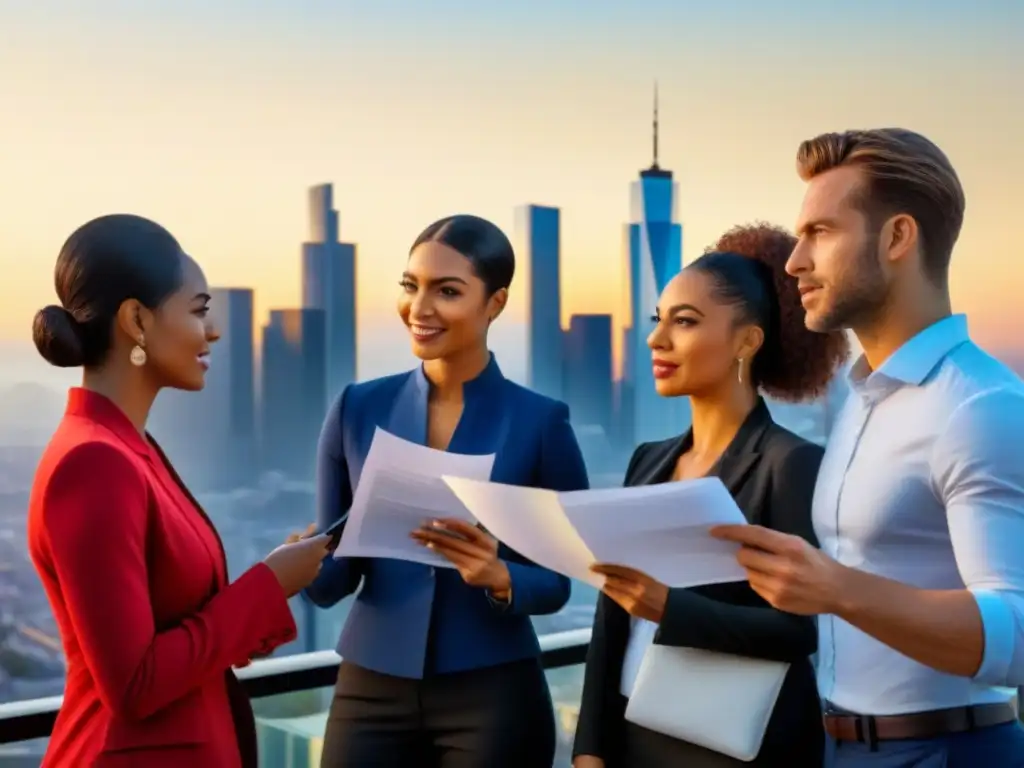 Conversaciones de diversidad en el mercado inmobiliario Un grupo diverso discute financiamiento préstamos inmobiliarios minorías frente a una ciudad moderna