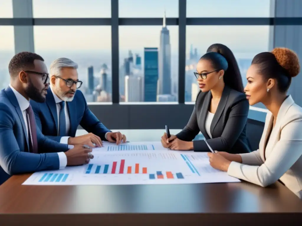 Conversación financiera: planificación en tiempos de crisis Grupo diverso planea finanzas en crisis económica en oficina moderna con vista a la ciudad