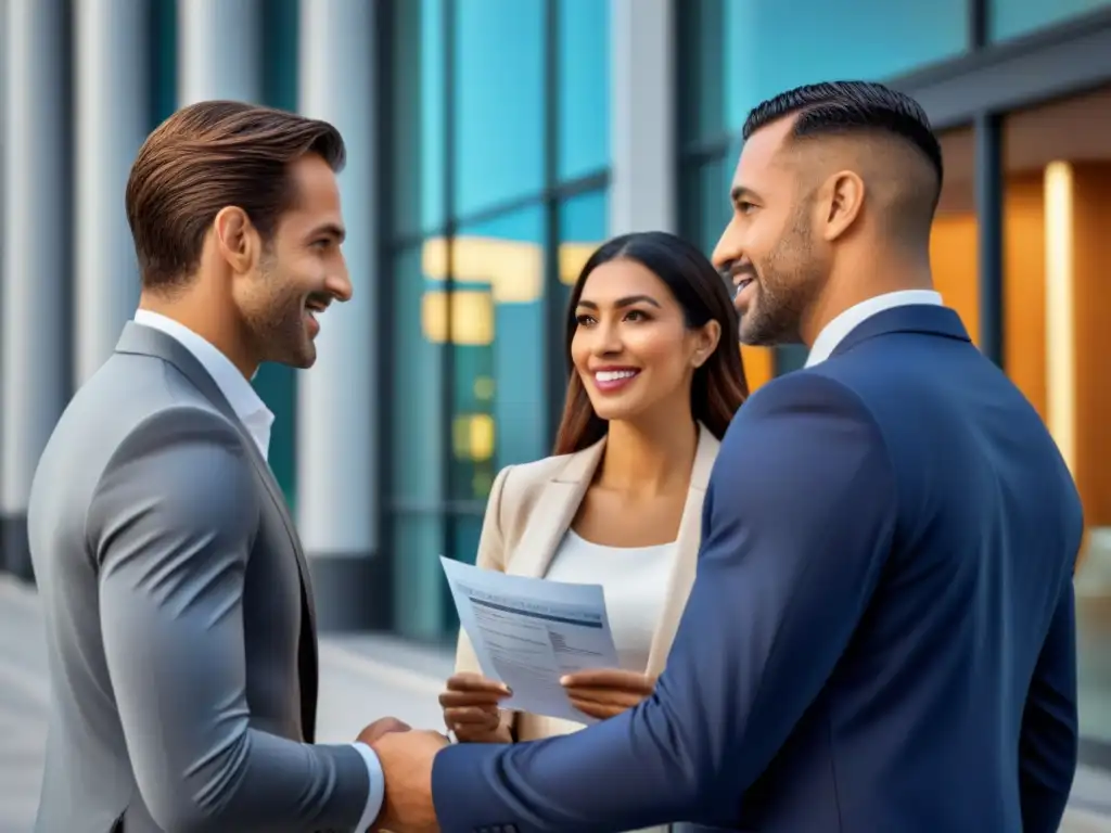 Variedad de clientes firmando préstamos inmobiliarios Un grupo diverso en frente de un banco moderno, mostrando confianza y profesionalismo