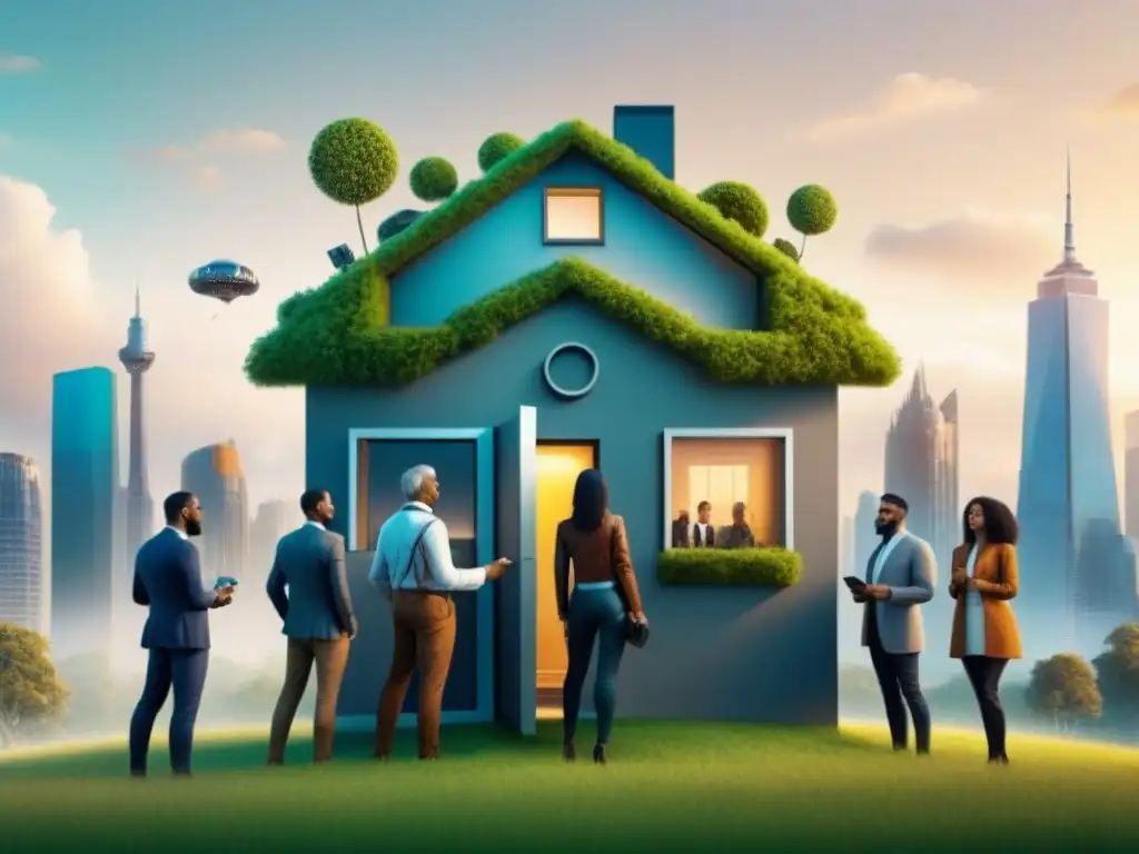 Grupo diverso frente a casa futurista: ingresos garantizados Grupo diverso frente a casa futurista con engranajes, sosteniendo llaves con signo de dólar, simbolizando hipotecas basadas en ingresos futuros