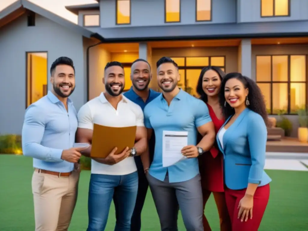Logro y diversidad: Grupo diverso celebra adquisición de casa moderna Grupo diverso sonríe frente a casa moderna, simbolizando oportunidades financiamiento para minorías